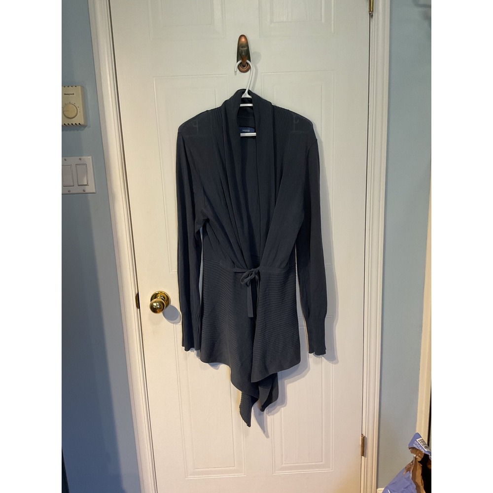 Mexx Cardigan Sweater Womens XXL Blue Grey Excellent Ribbed Tie Waist Draped